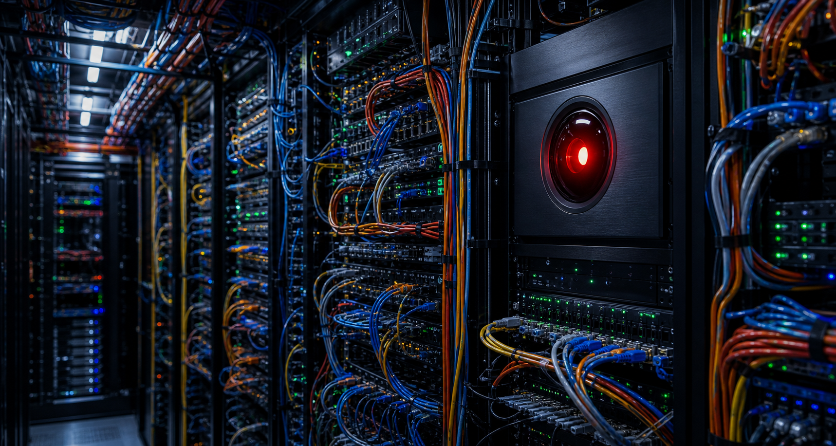 Datacenter racks filled with network cables and a red circular sensor eye.